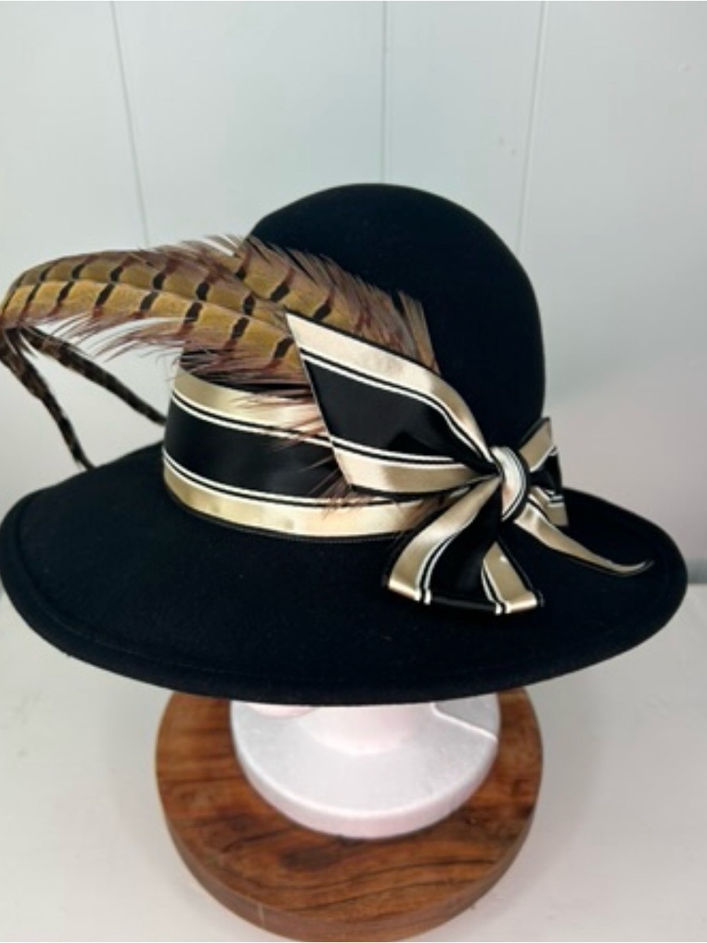 Women's Black Felt Cloche Hat with Striped Satin Ribbon & Feather
